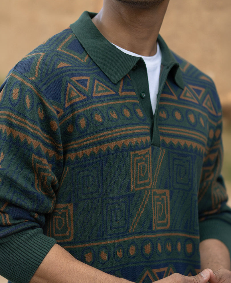 Multicolour Geometric Jacquard Knit T-Shirt 100% Cotton