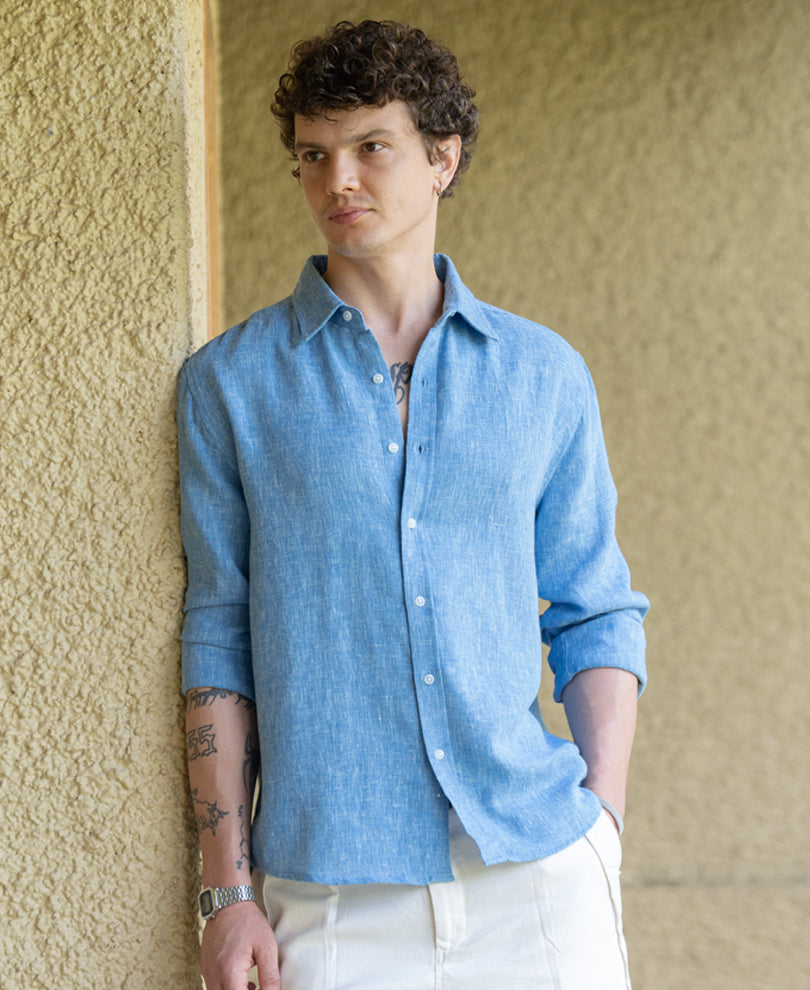 Blue Linen Blend Structured Shirt