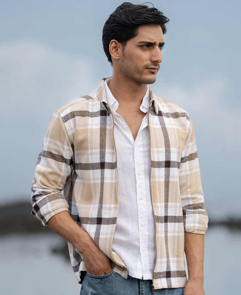 Beige Checks Zipper Shirt.