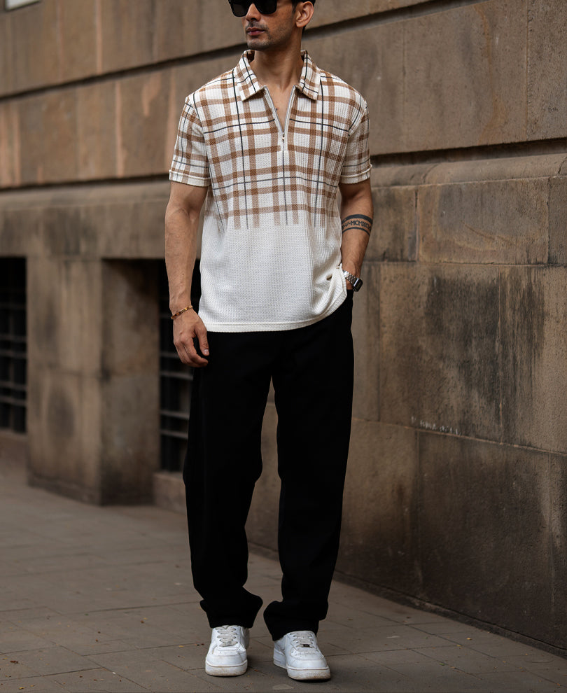 Beige Checks Print T-Shirt.