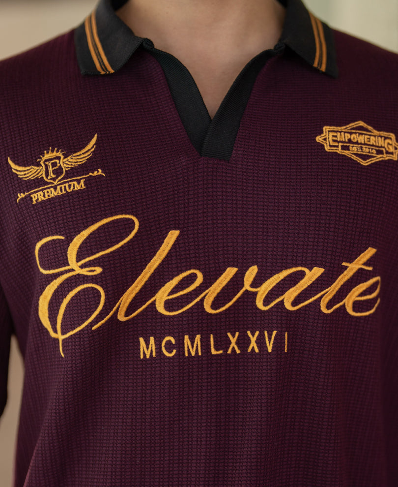Wine Embroidered Structure Knit T-Shirt