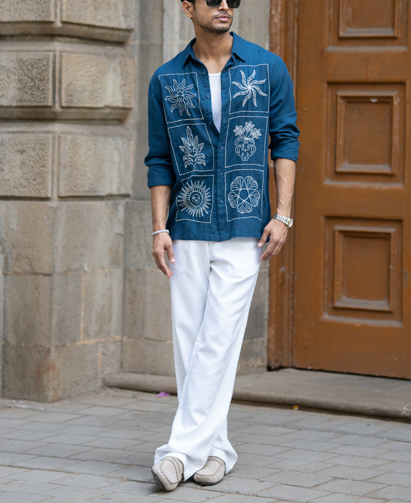 Blue Linen Blend Embroidery Shirt.