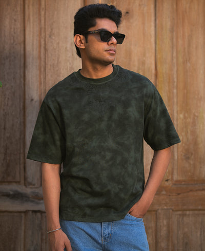 Dark Olive Washed Embroidered T-Shirt 100% Cotton