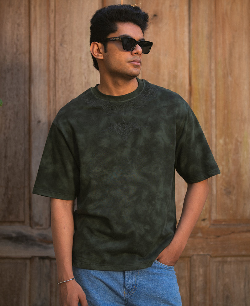 Dark Olive Washed Embroidered T-Shirt 100% Cotton