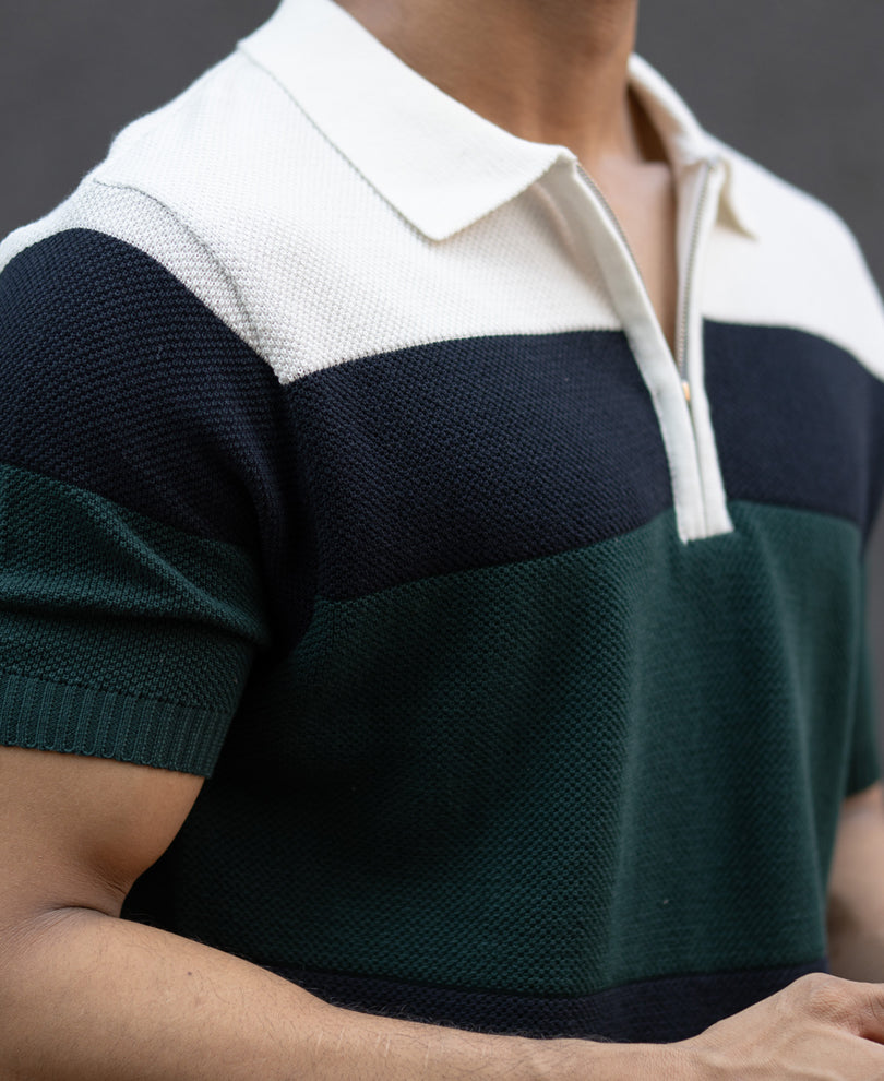 Olive & Navy Knit Stripe T-Shirt.
