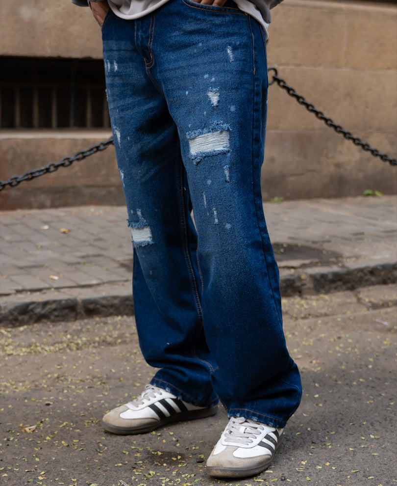 Dark Blue Distressed Baggy Fit Jeans.
