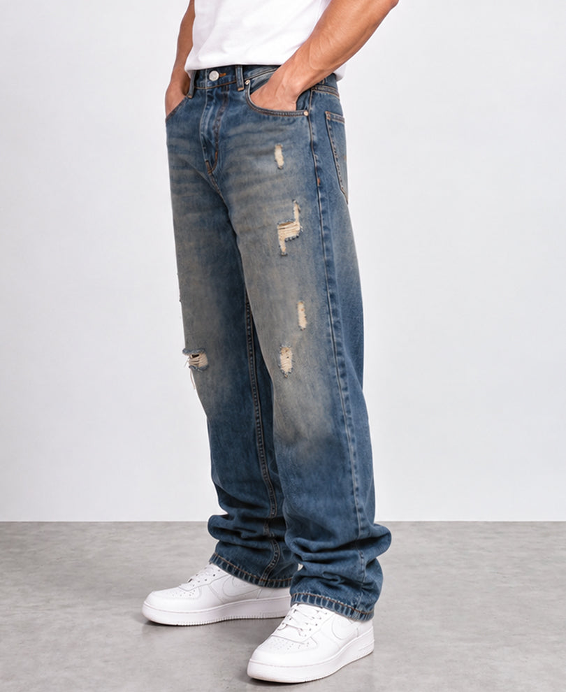 Dark Blue Baggy Distressed Jeans