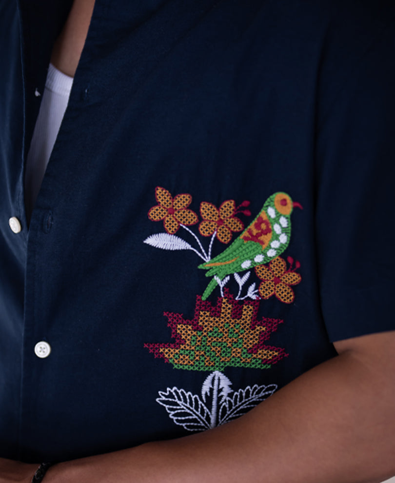 Navy Parrot Embroidery Shirt 100% Cotton