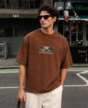 Brown Gothic Print Washed T-Shirt 100% Cotton