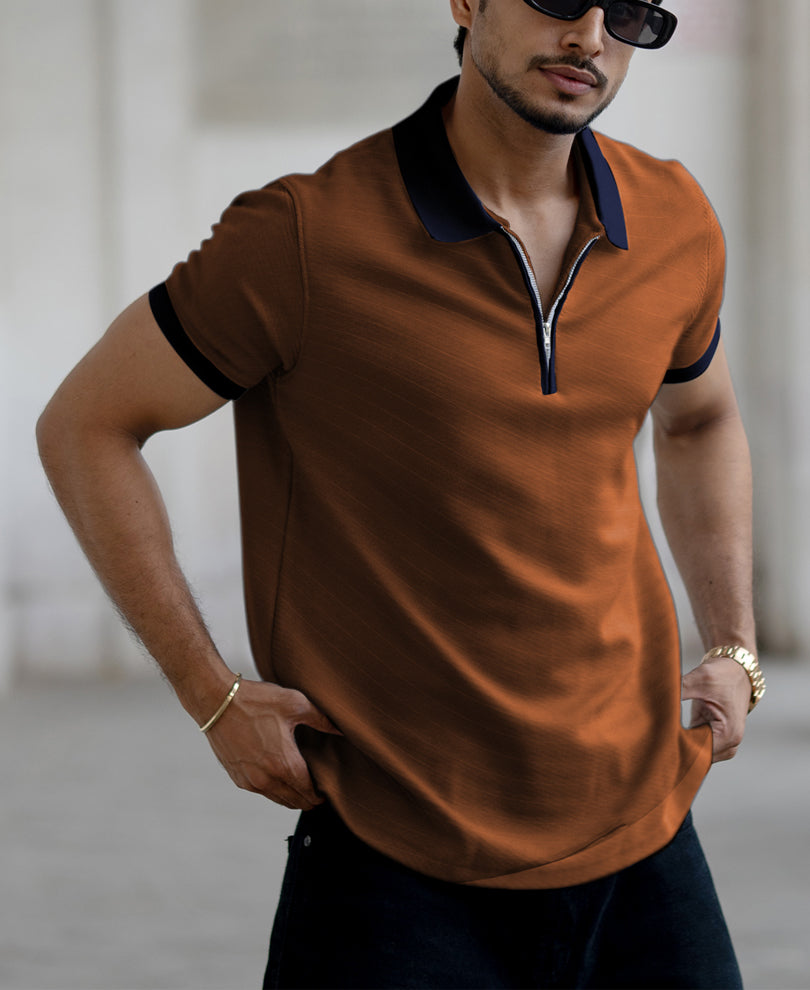 Dark Tan Contrast Collar Zipper T-Shirt.
