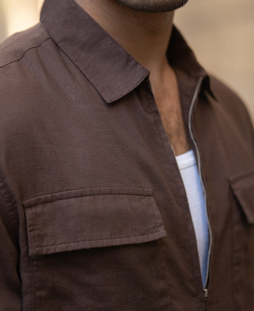 Coffee Brown Linen Blend Zipper Shirt.