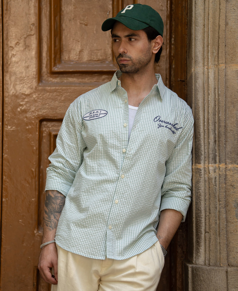 Green Embroidered Seersucker Check Shirt 100% Cotton