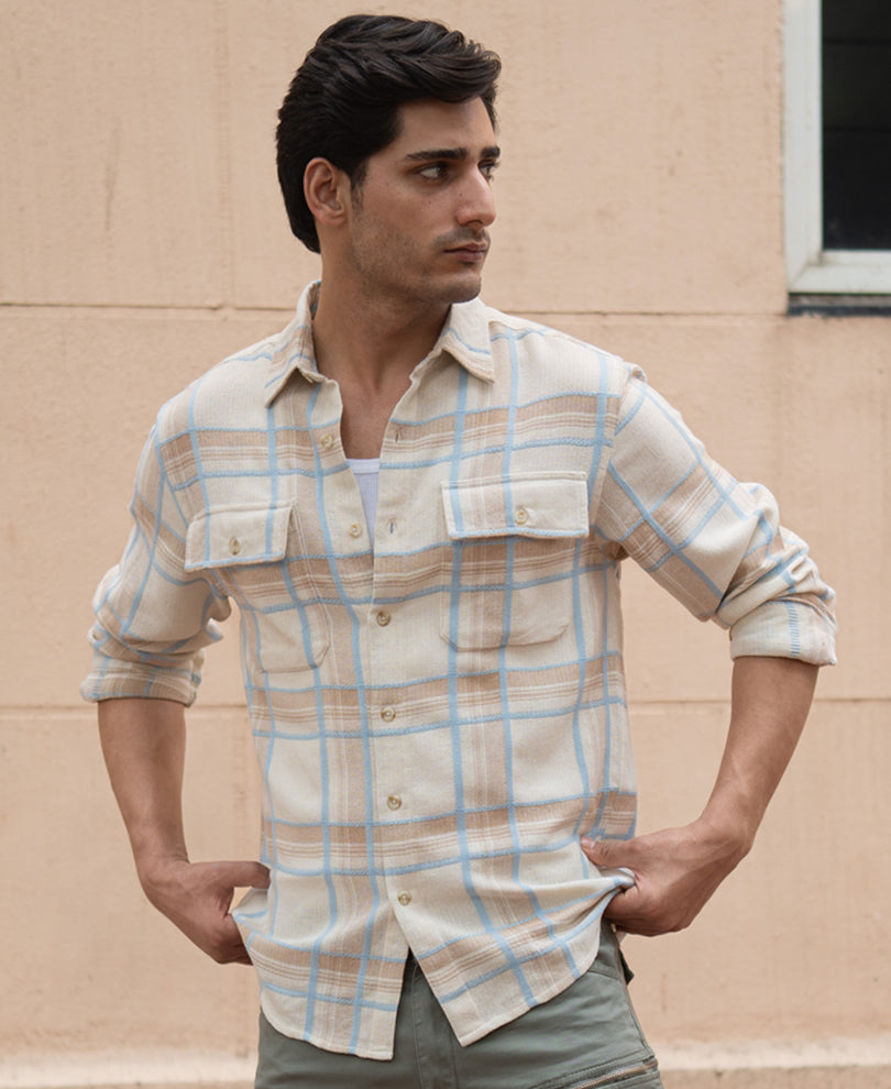 Beige Double Pocket Checks Shirt.