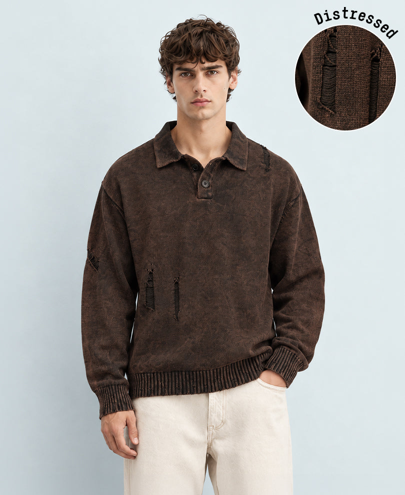 Brown Distressed Cotton T-Shirt