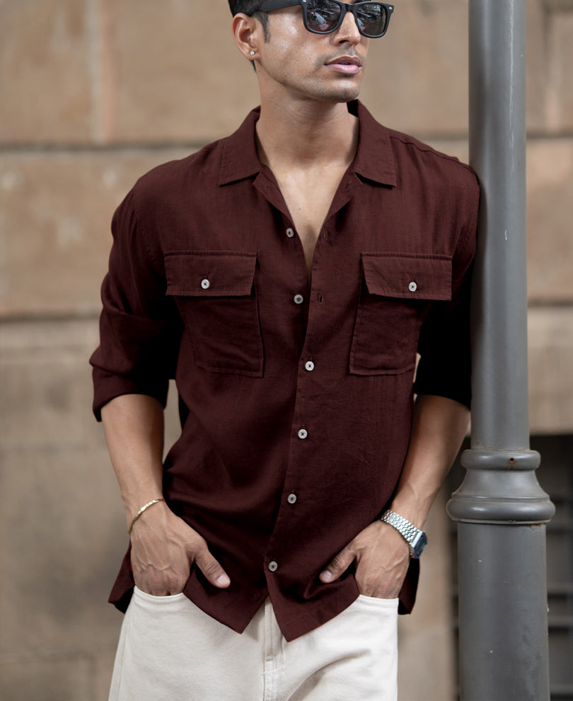 Wine Linen Double Pocket Shirt.