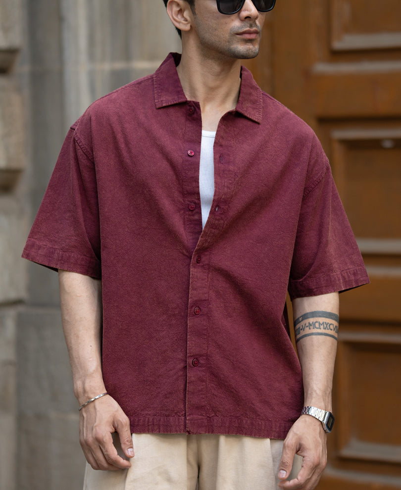 Burgundy Washed Structure Boxy Shirt.