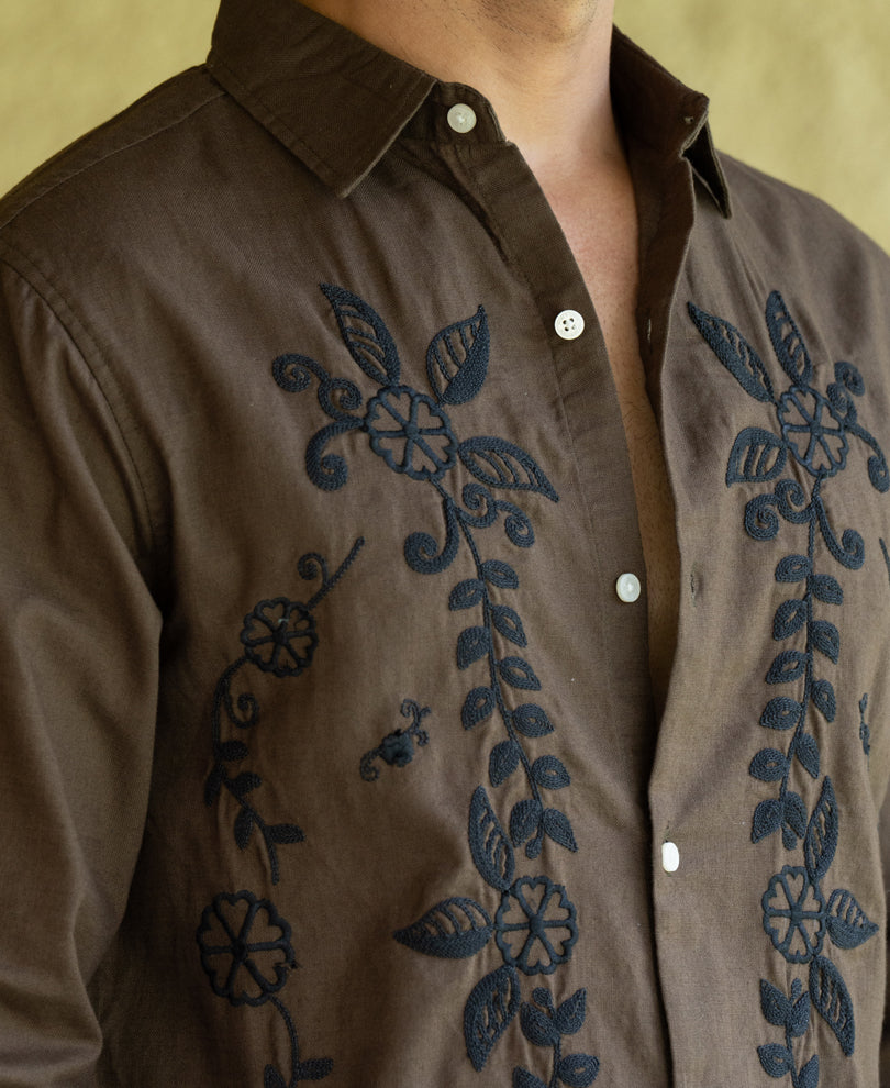 Brown Structure Embroidered Shirt 100% Cotton
