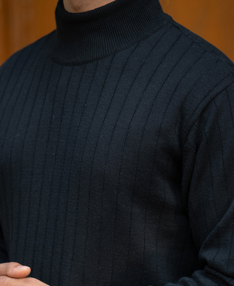 Black Structure Stripe High Neck T-Shirt.