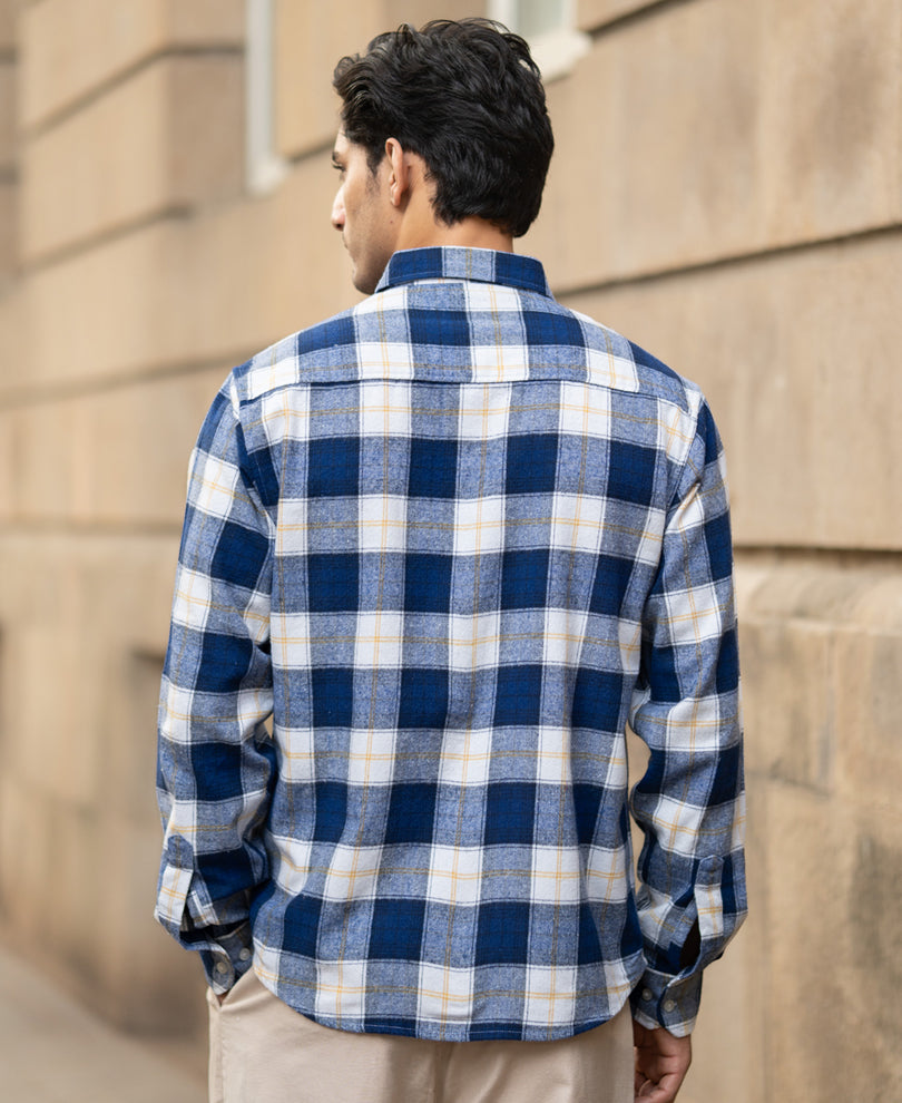 Blue Brushed Regular Fit Checks Shirt.