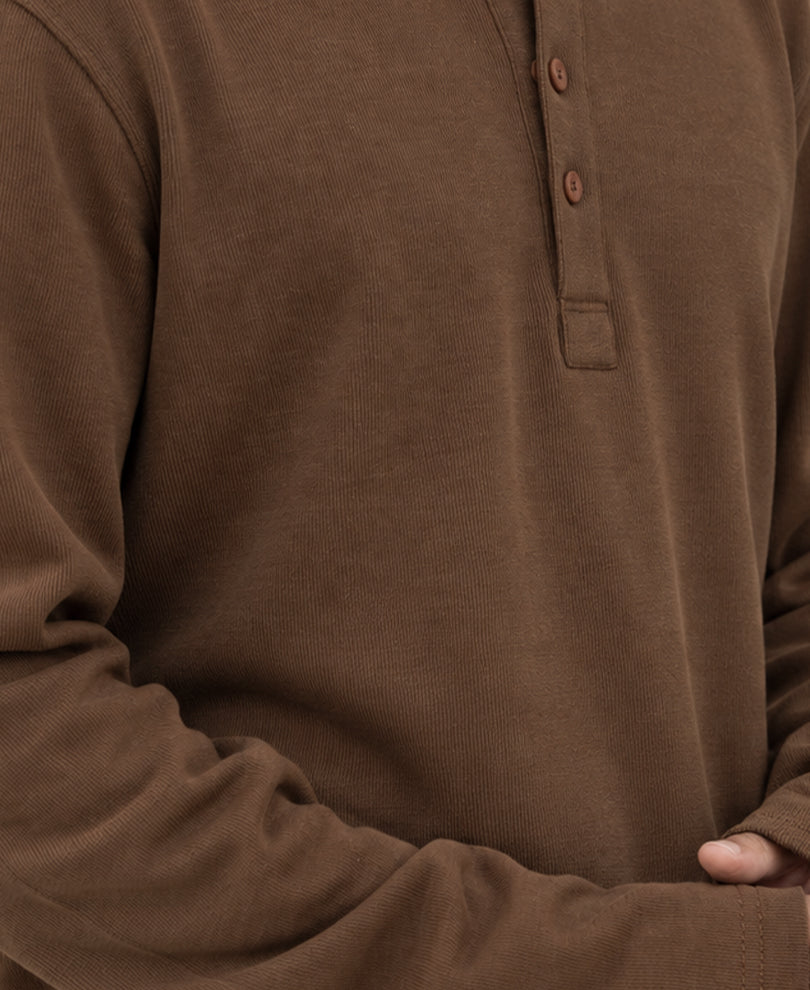 Brown Rib Knit Henley T-Shirt