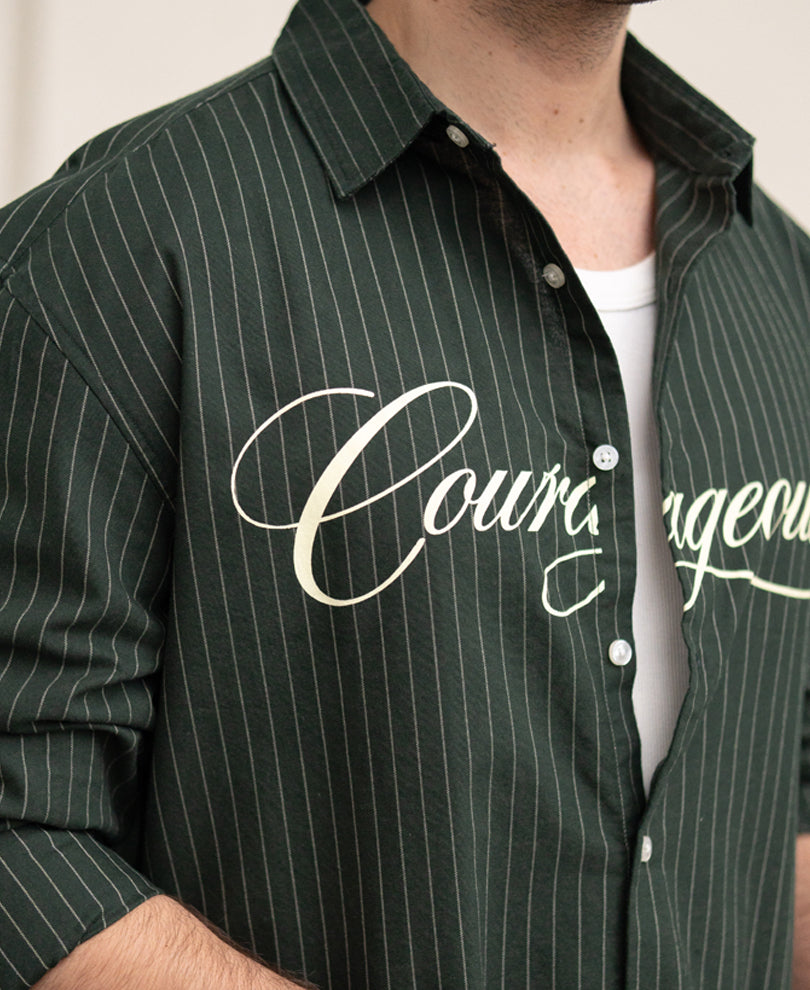 Green Calligraphy Print Stripe Shirt