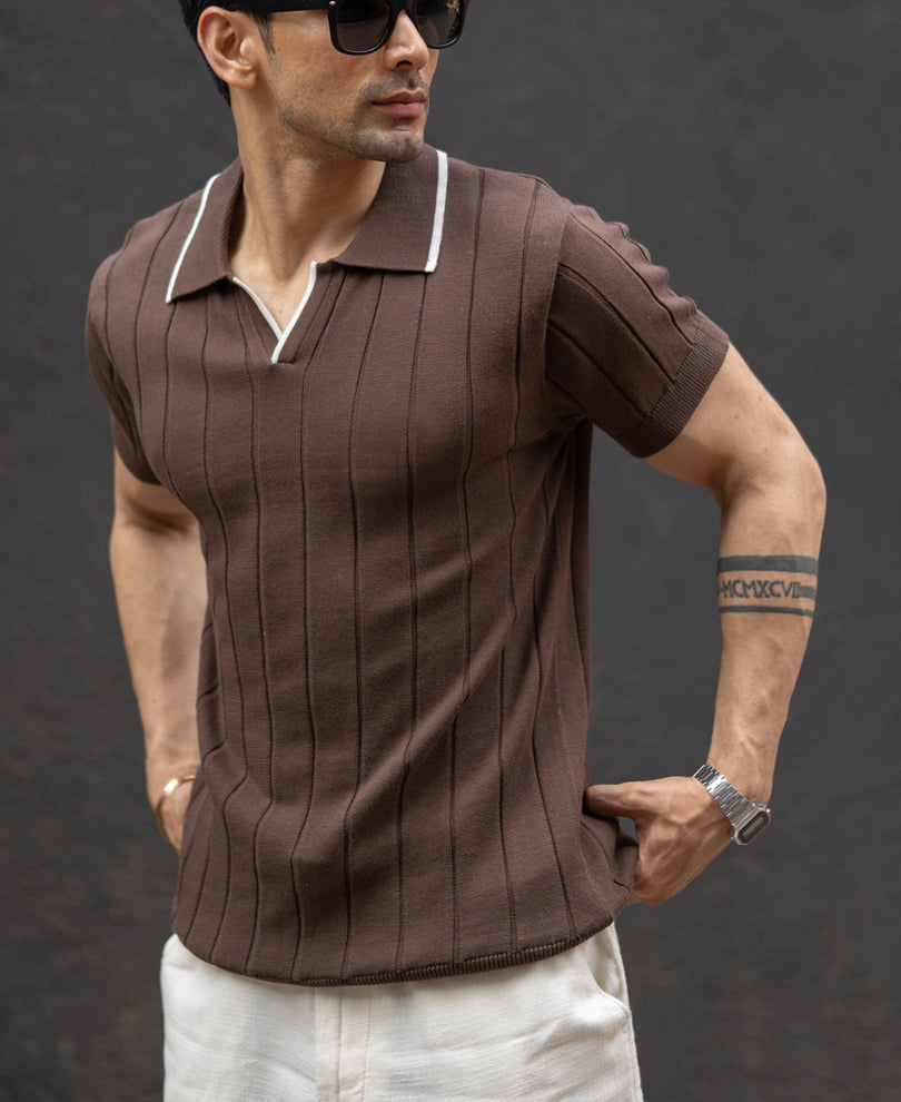Brown Structured Knit Polo T-Shirt.