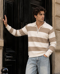 Beige Structured Knit Stripe T-Shirt 100% Cotton