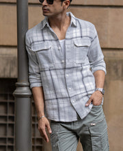 Light Grey Structured Checks Shacket Oversize Drop Shoulder Shirt.