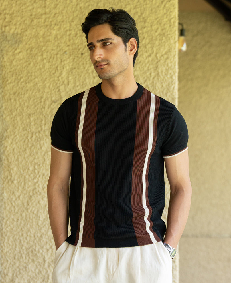 Black Striped Knit T-Shirt