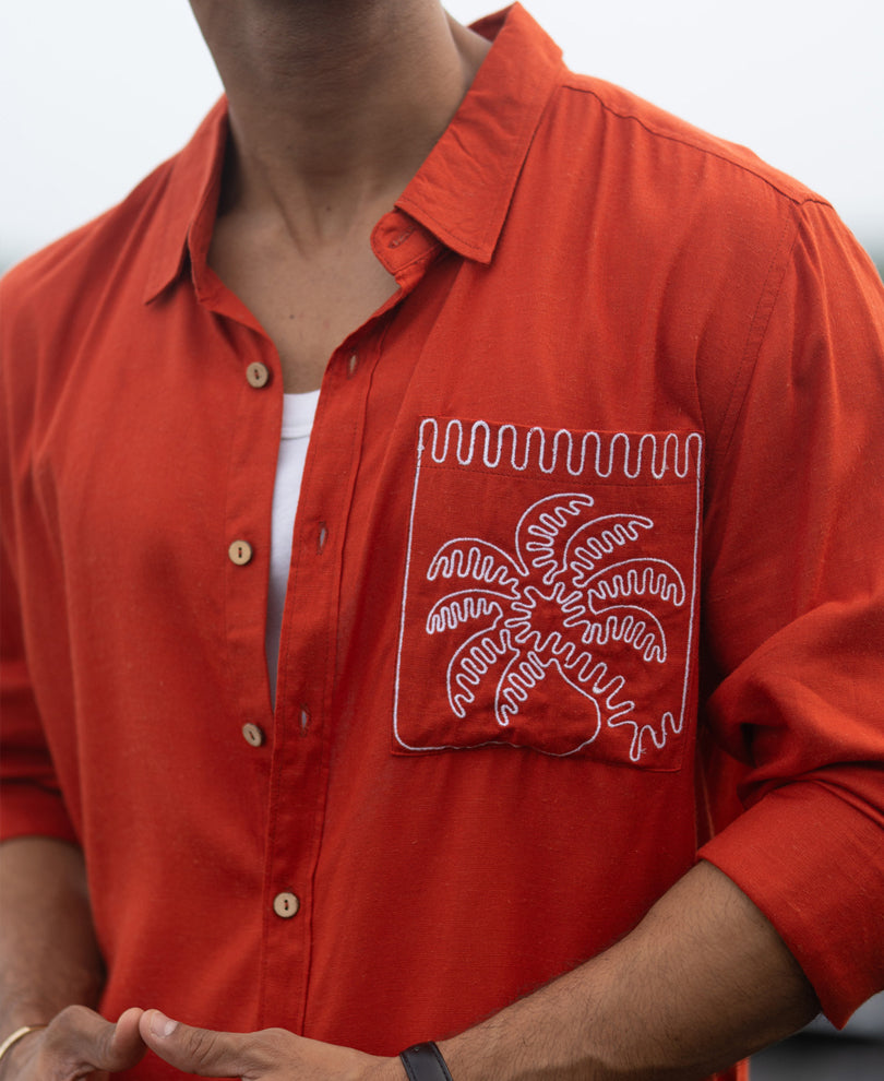 Spicy Orange Linen Blend Embroidery Shirt.