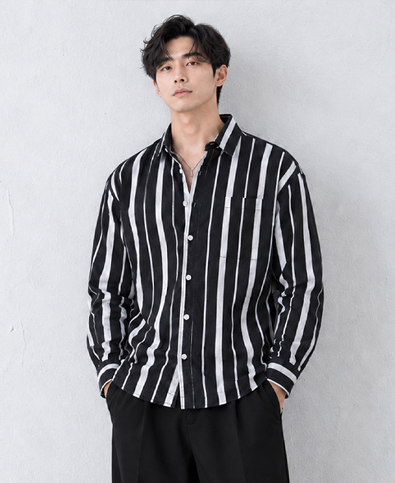 Black Lightweight Striped Shirt 100% Cotton
