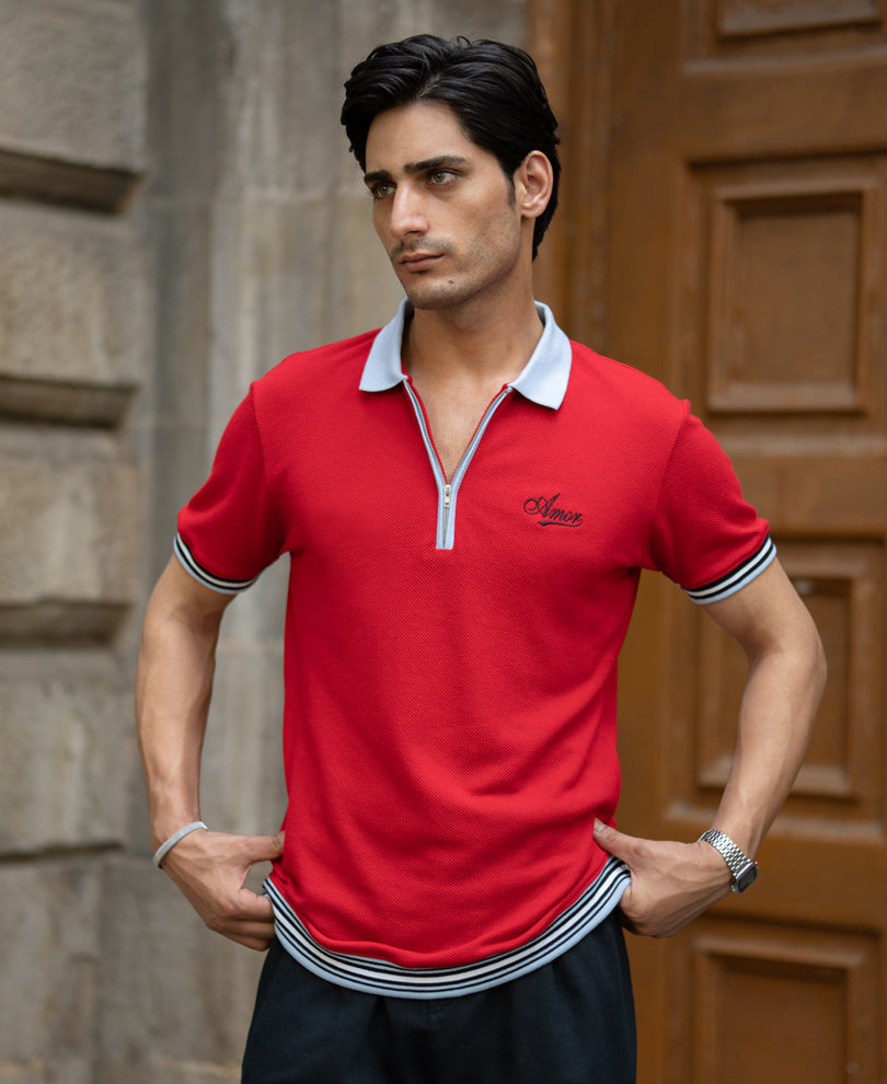 Red Structure Knit Polo T-Shirt