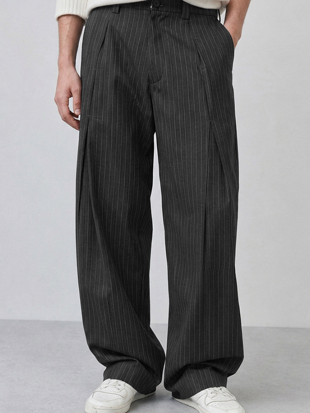 Grey Striped Pleated Korean Pants