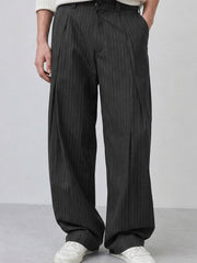 Grey Striped Pleated Korean Pants