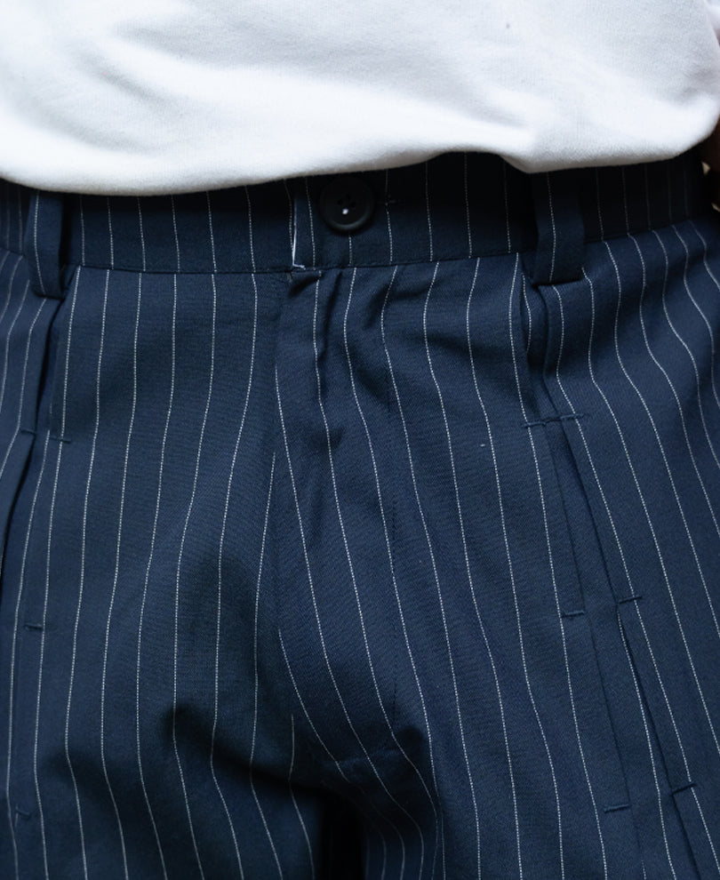 Navy Striped Pleated Trousers