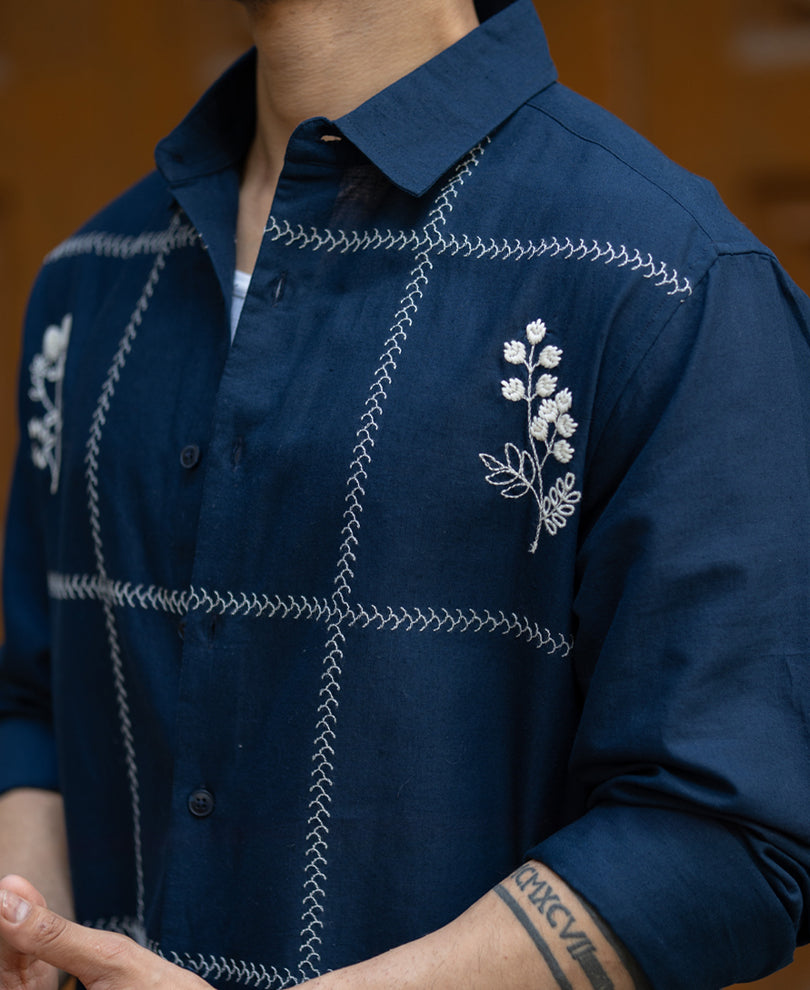 Navy Embrpoidery Linen Blend Shirt.