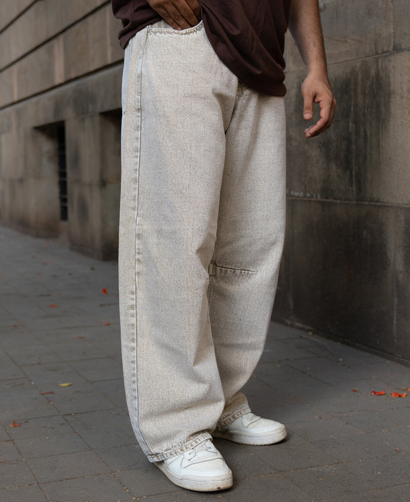 Beige Washed Barrel Fit Jeans