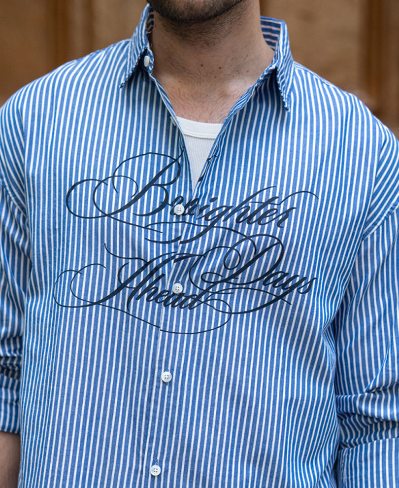 Blue Calligraphy Printed Striped Shirt 100% Cotton
