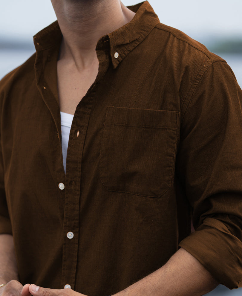 Tan Brown Corduroy Buttondown Shirt.