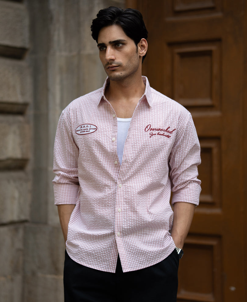 Peach Embroidered Seersucker Check Shirt 100% Cotton