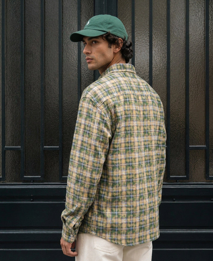 Green Printed Washed Checks Shirt 100% Cotton