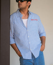 Blue Seersucker Embroidery Stripe Shirt 100% Cotton