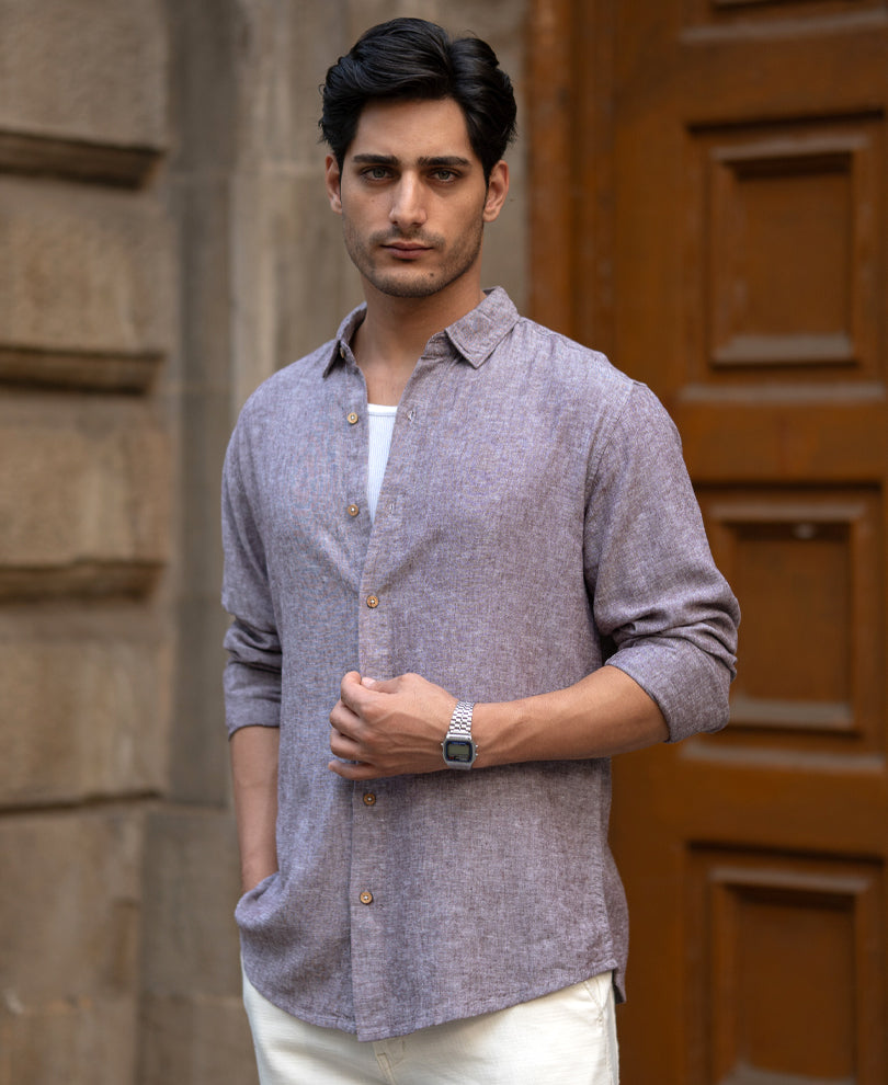 Brown Linen Blend Slub Shirt.