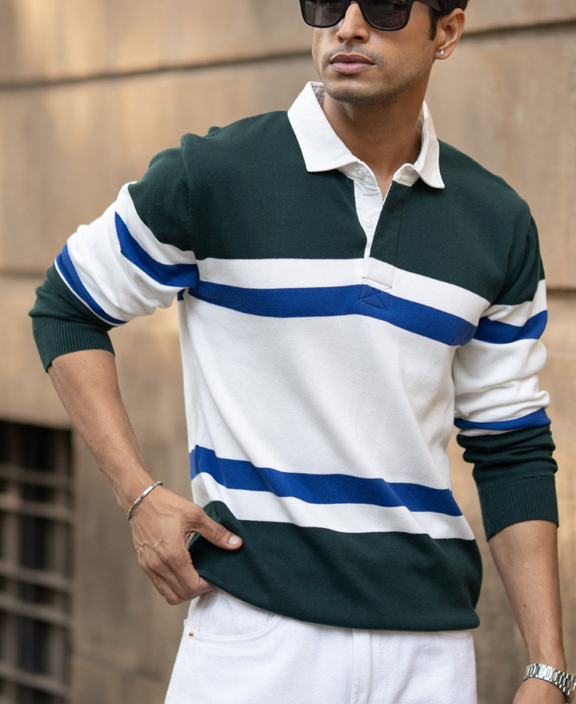 Olive And White Stripe Polo T-Shirt.