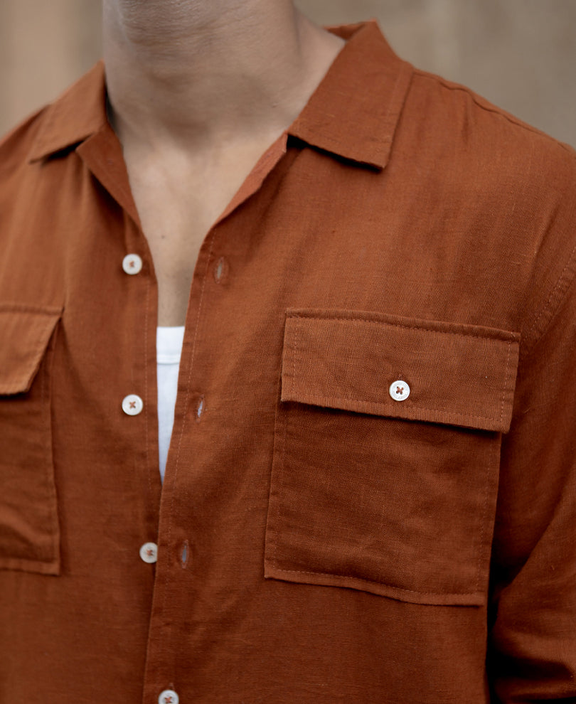 Tan Linen Double Pocket Shirt.