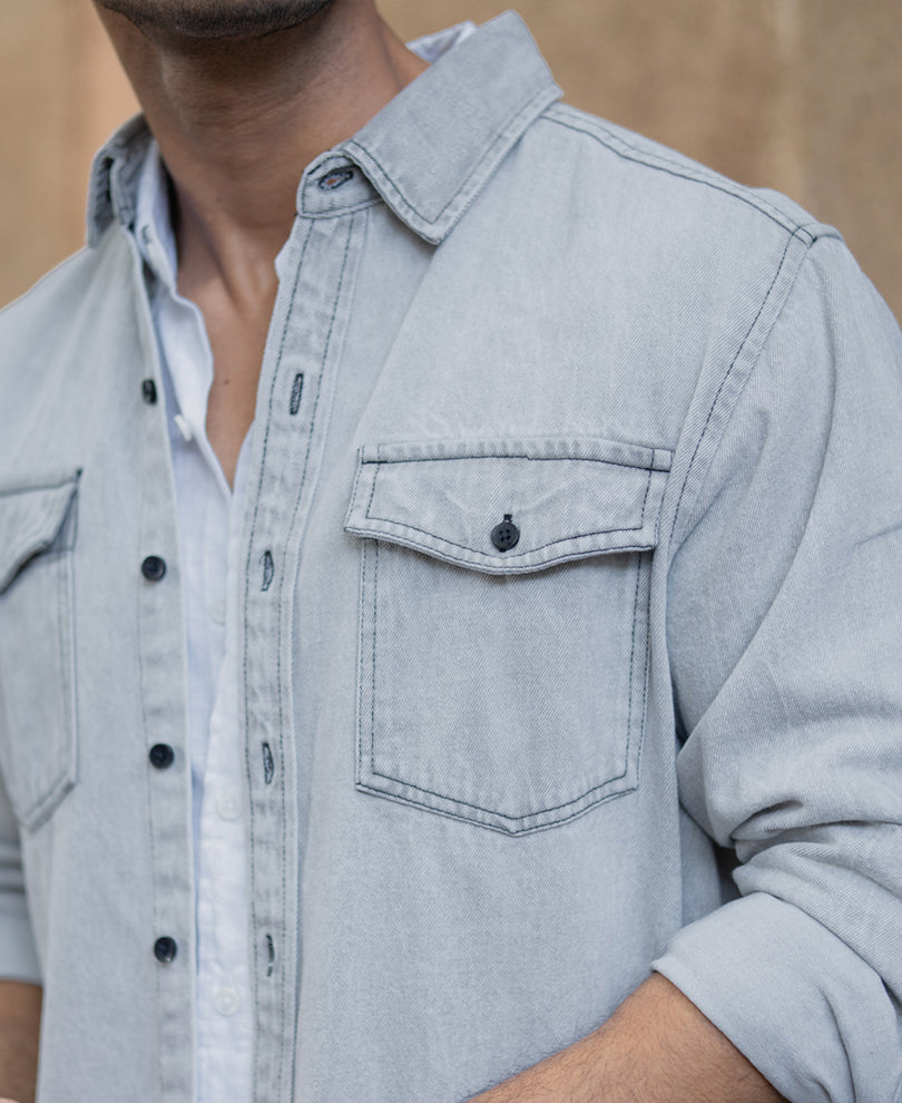 Grey Denim Shacket With Pockets.