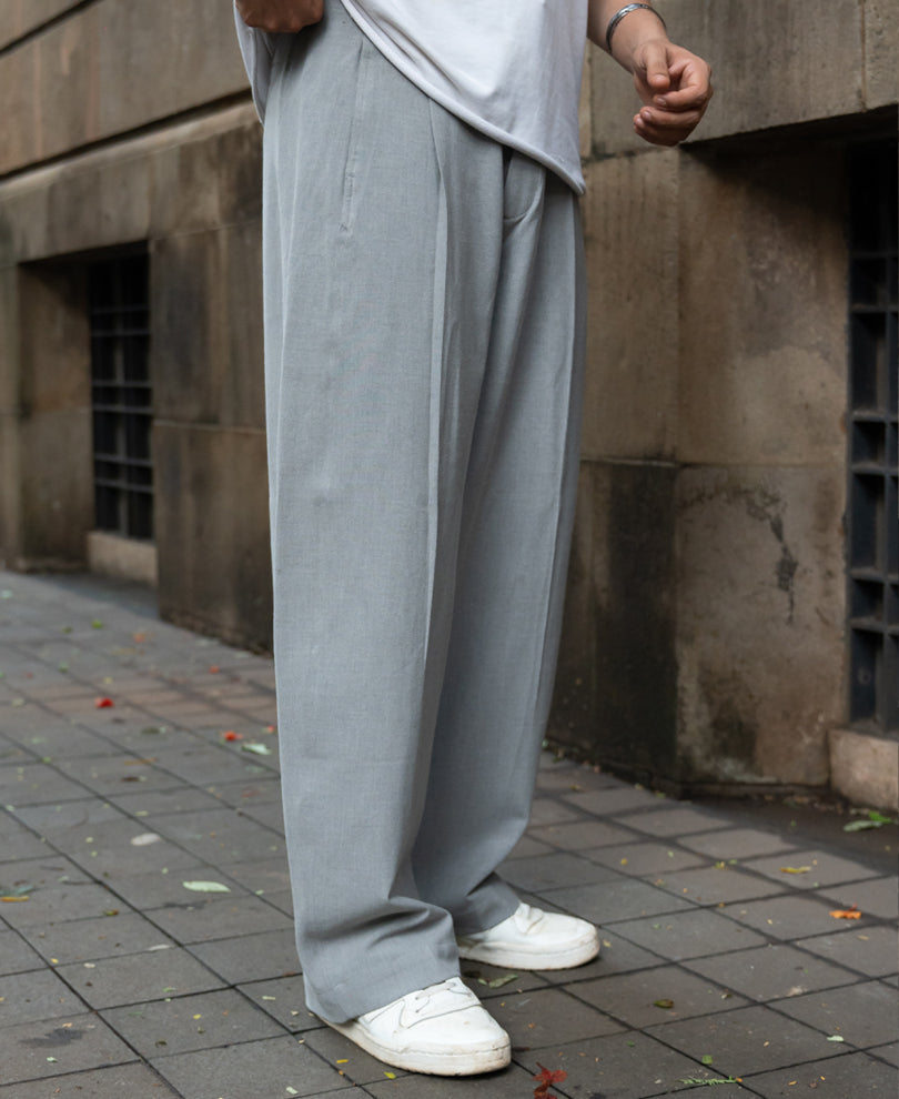 Grey Pleated Barrel Fit Trousers