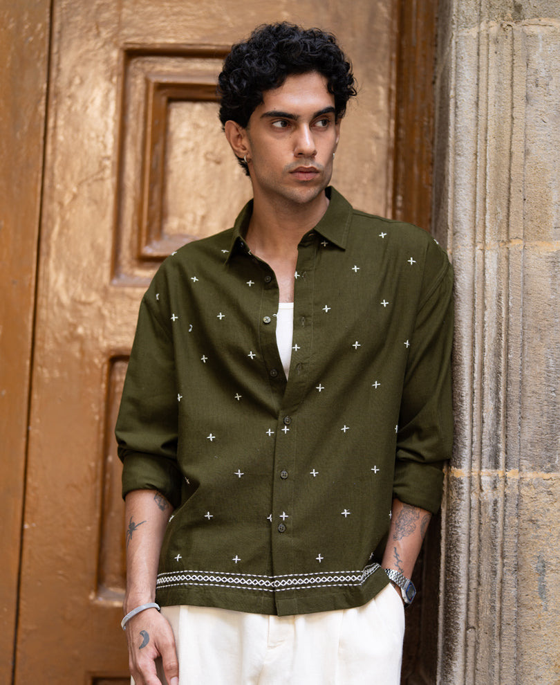 Olive Embroidered Lightweight Shirt
