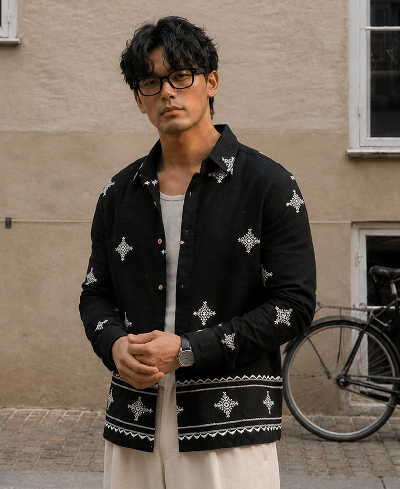 Black Embroidered Shirt 100% Cotton