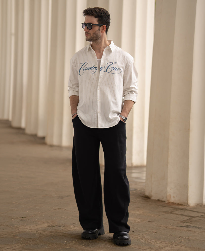 White Calligraphy Print Stripe Shirt 100% Cotton